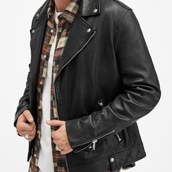 All Saints Milo Asymmetric Zip Leather Biker Jacket size Large. - Picture 3 of 13